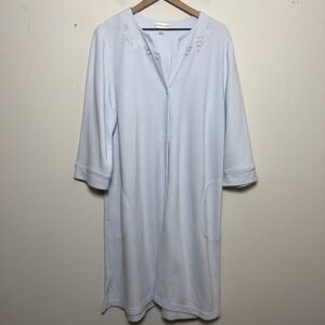 Miss Elaine Women House Coat Dress XL Blue Floral Embroidered Full Zip Lounge